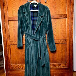 Vintage J.Crew Velour Robe / Lounge Coat — Forest Green, Plaid Lined (M)